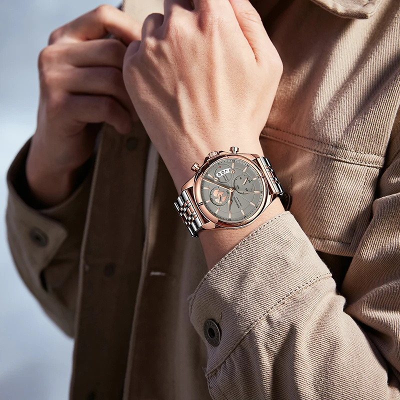 ABBYLUN 989 Men Quartz Watch Fashion Creative Outdoor Silvery Gold Steel Strap Pointer Date Display Wrist Watches for Male Gift