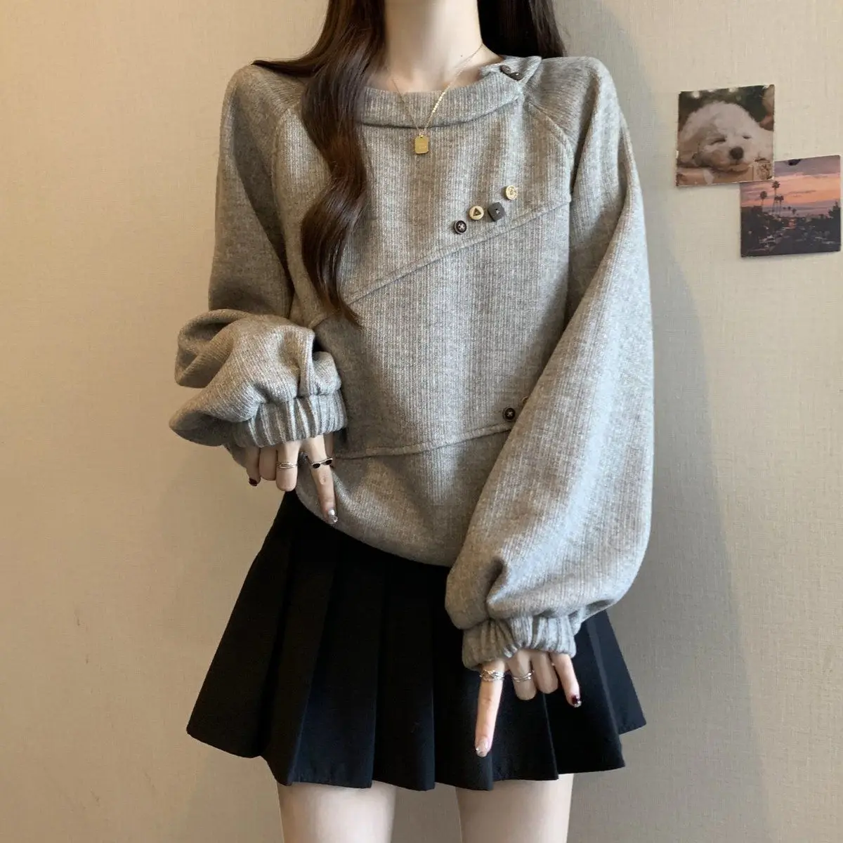 

Round Neck Straight Shoulder Slimming Sweatshirt Women Spring Autumn New Style Hem Drawstring Design Ragdoll Sleeve Slimming Top
