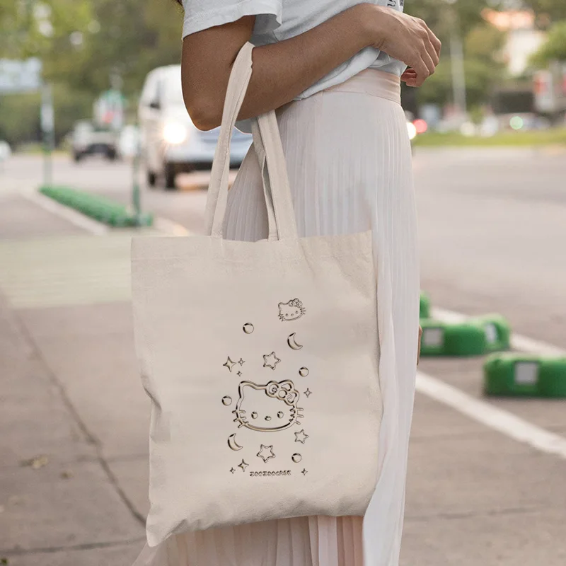 

Женская холщовая сумка через плечо Hello Kitty, повседневная сумка-тоут для женщин, многоразовая сумка для покупок большой вместимости