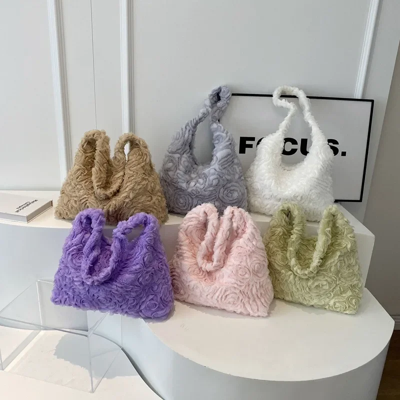 2024 New Women's Bag Three-dimensional Flower Hair Bag Niche Korean Version Fashionable Large-capacity Shoulder Tote Bag