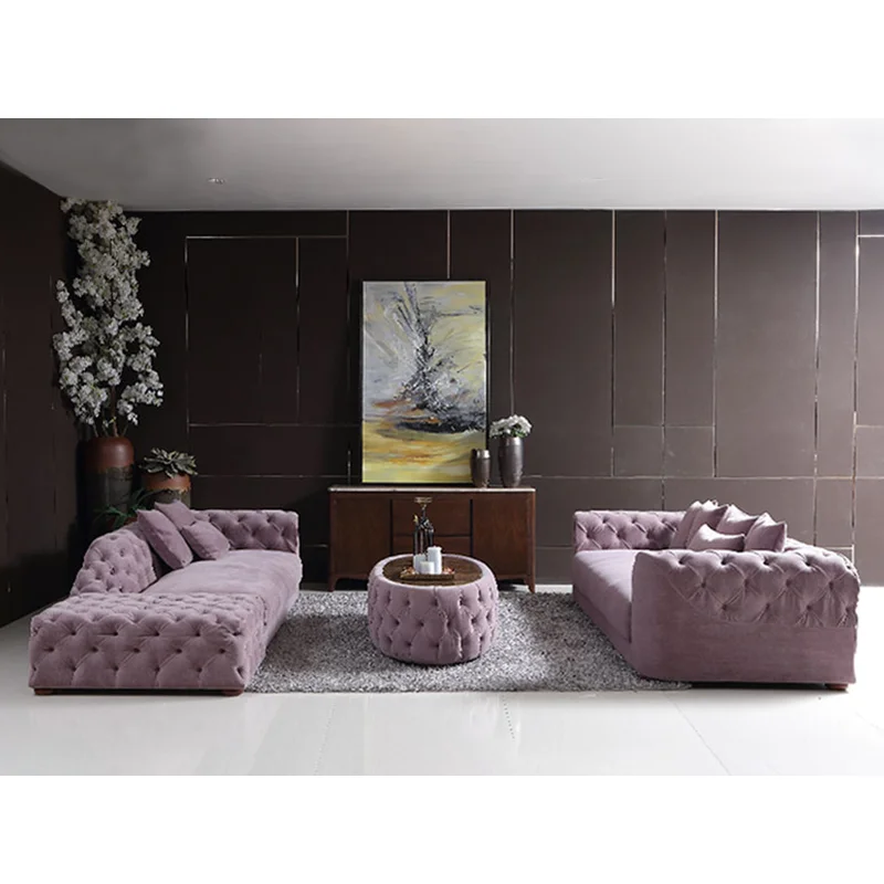 

Neoclassical postmodern light luxury fabric sofa living room combination pull button light purple sofa