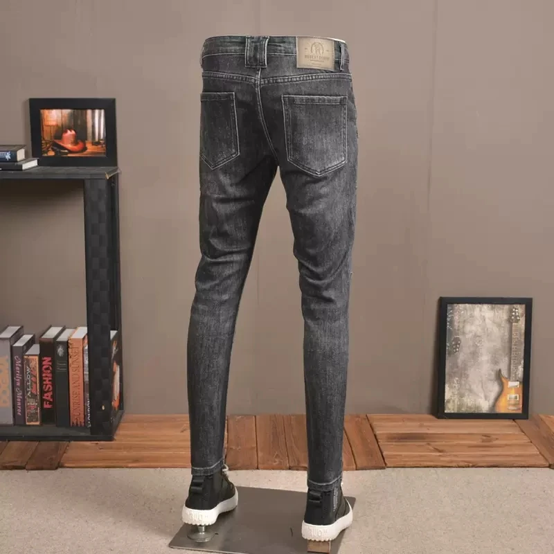 Men's Y2K Street Wear Vintage Purple Black Slim Fit Jeans Elastic Waist Spliced Bicycle Design Homme Patch Hip Hop Style