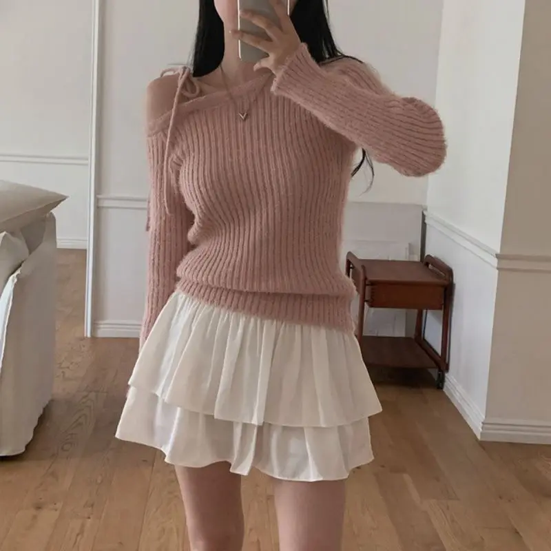 Gonna a pieghe dolce chic a vita alta con orlo in pizzo Pantaloni Se incorporati Anti-luce ort A-Line Colore puro Dimagrante versatile