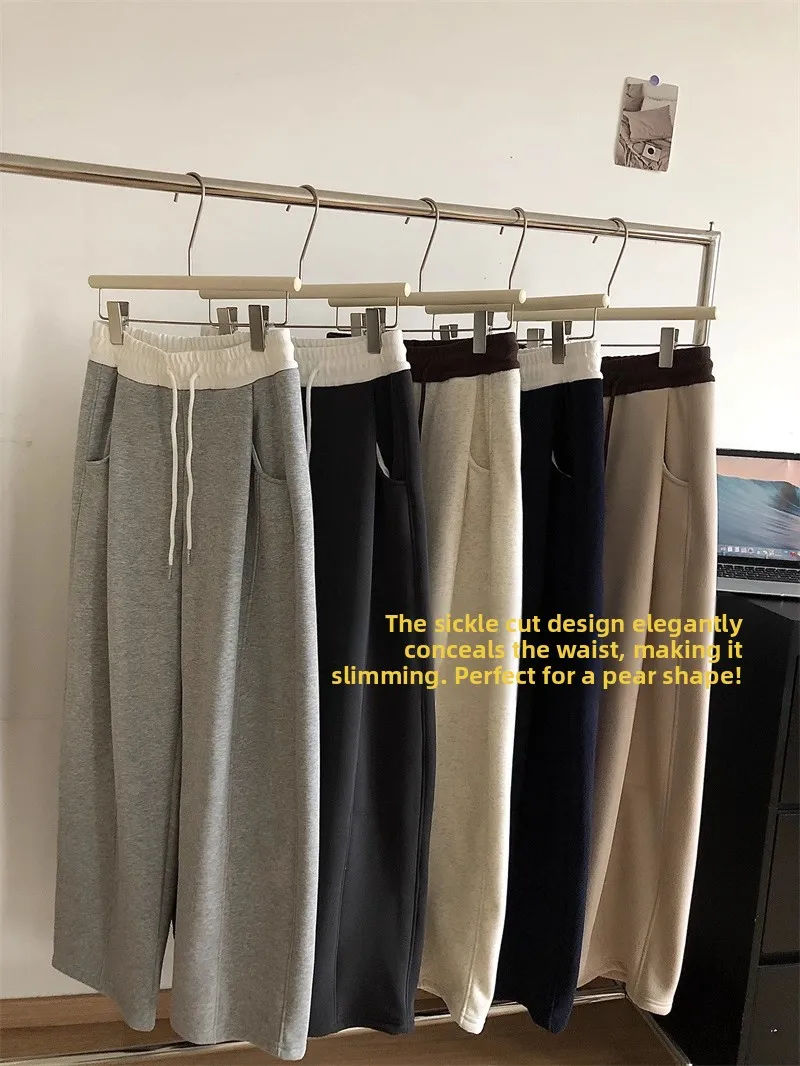 Korean Style High Waist Fleece Lined Loose Fit Sweatpants Color Block Paper Bag Trousers Casual Bend Knife Pants Women - view 5