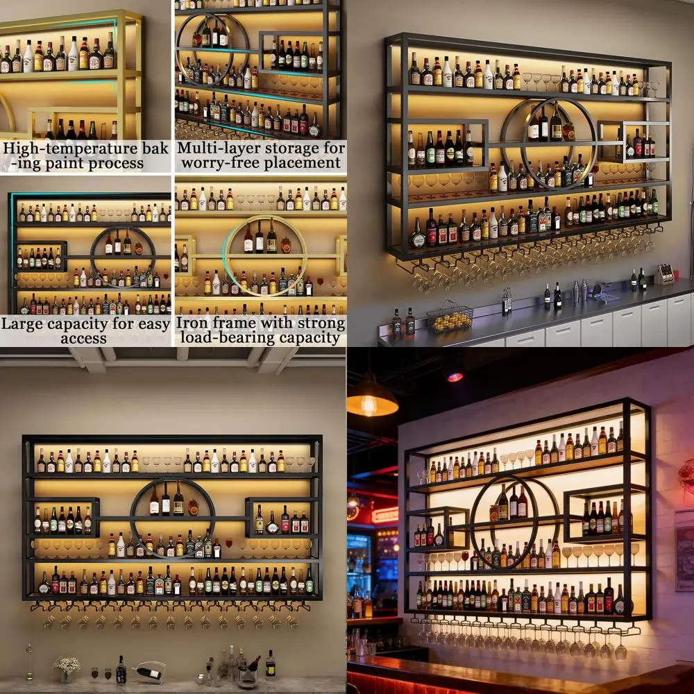 

55.1in Large Wall Mounted Wine Rack, ern Metal Wine Bottle and Glass Holder, 4-Tiers Liquor Bottles loating Shelves Display Stor
