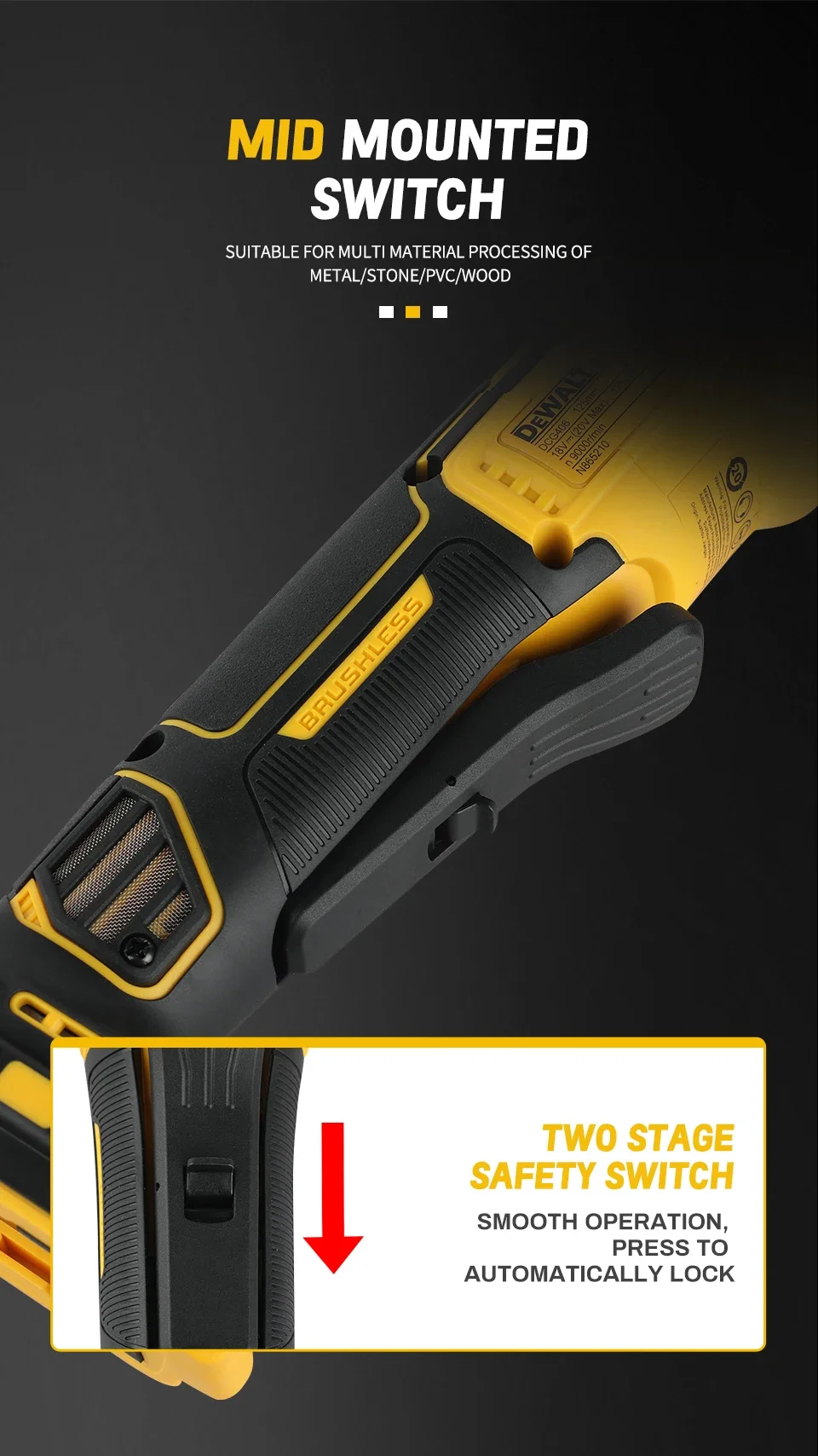 Dewalt DCG406 125 mm Winkelschleifer, kabellos, bürstenlos, 9000 U/min, Schneidemaschine, Poliermaschine für 18-V-Batterie – Detail 3