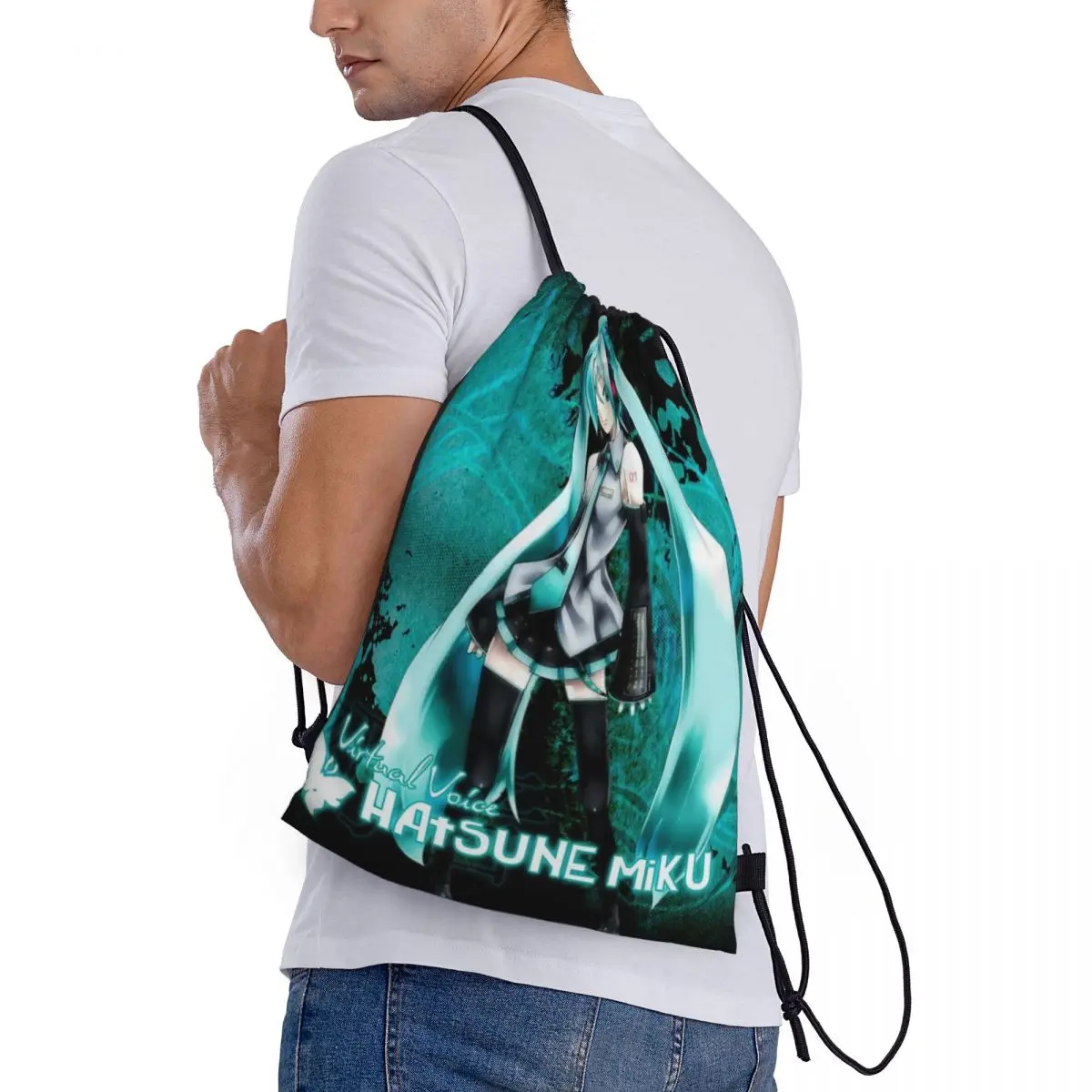 Hatsune Miku Drawstring Saco De Armazenamento, Bolsas portáteis, Mercearia Compras Sacos De Ombro, Saco De Viagem Dobrável