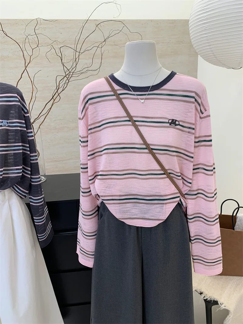 

Розовая полосатая свободная вязаная рубашка с защитой от солнца, легкая, весенне-летняя, новый стиль, корейский стиль, женский короткий топ, модный