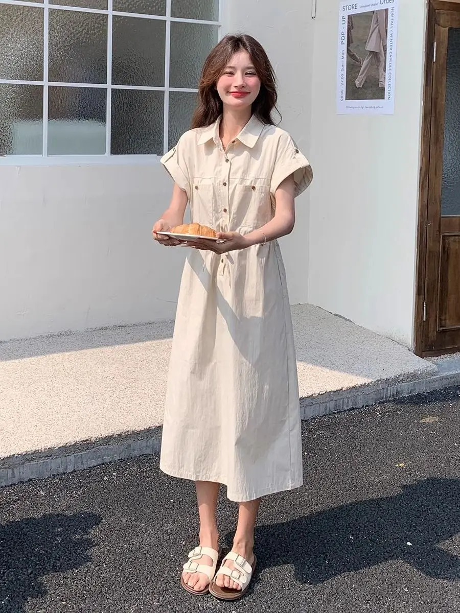 

Летняя женская юбка миди больших размеров с завязками на талии, корейский стиль, свободный крой, с пуговицами, короткий рукав, круглый вырез