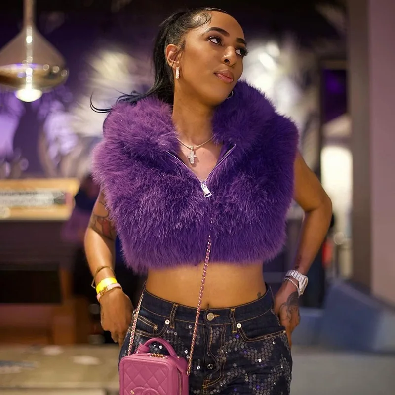 

Модный однотонный укороченный топ без рукавов с капюшоном на меховой молнии, женский разноцветный индивидуальный мягкий ультра короткий жилет