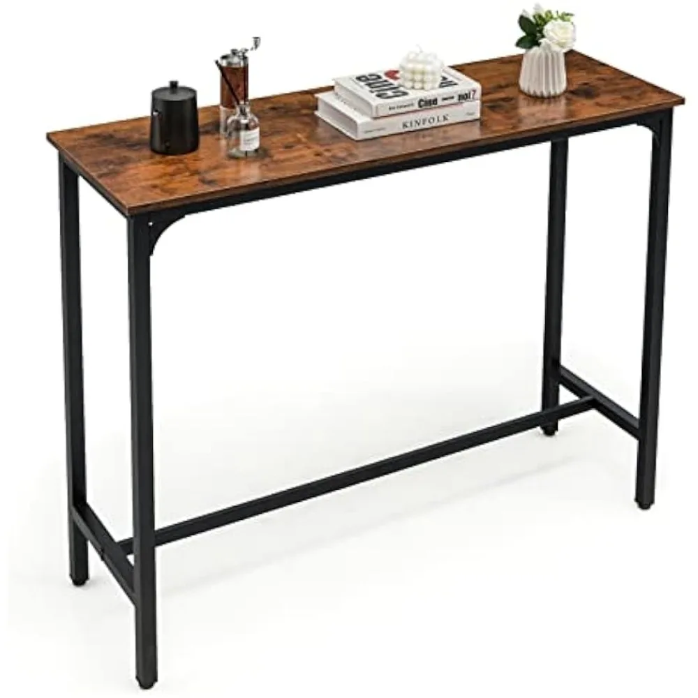 

48" Narrow Console Table, Rectangular Kitchen Dining Tables w/Steel Frame, Adjustable Feet, Pub Counter Height Tables, Sofa Sid
