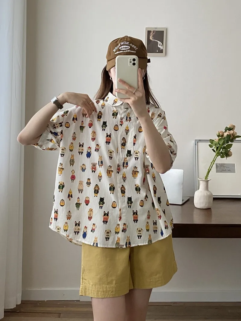 New Spring Cotton Cartoon Printed Shirt Women Lapel Short Sleeve Blouse Girl Casual Sweet Chic Loose Top 2024 Autumn T45414QC