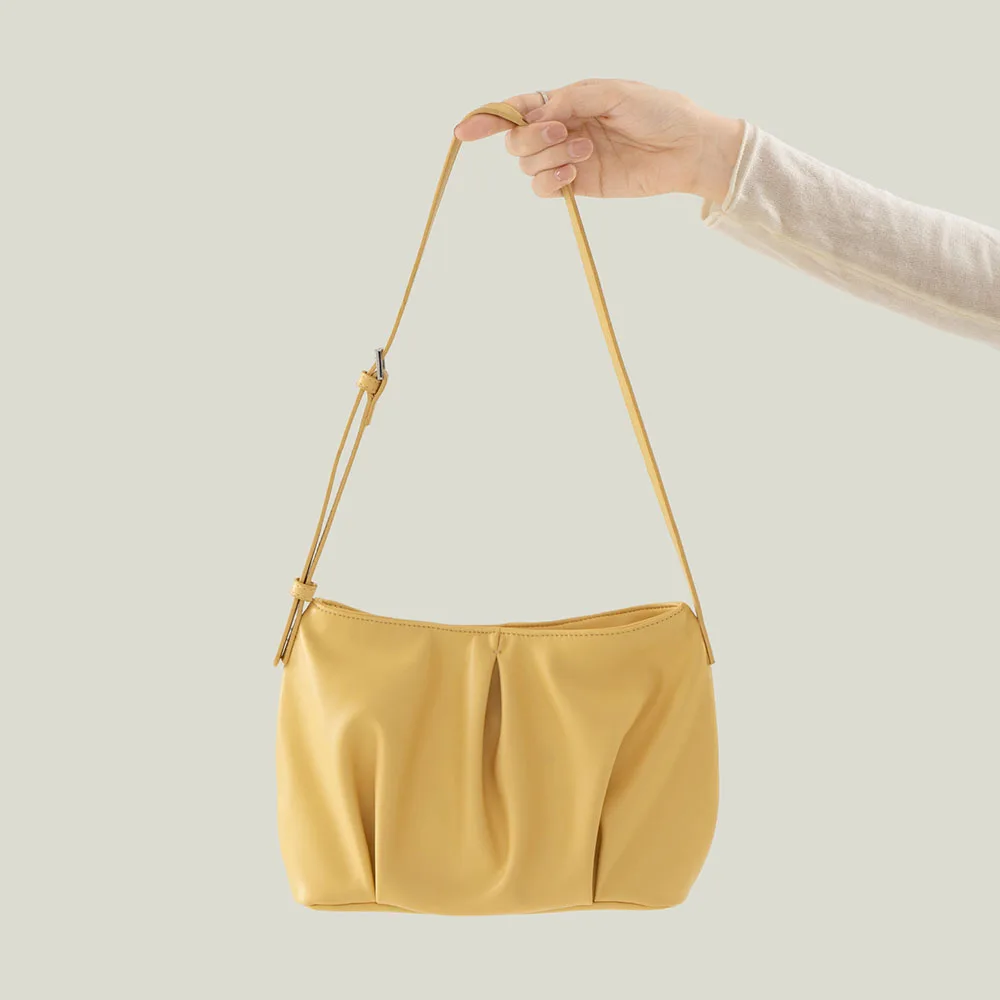

New Spring Summer Solid Color Women Leather Bag Minimalist Style Shoulder Bag Pleated Design Handbag Fashion Versatile Daily Bag