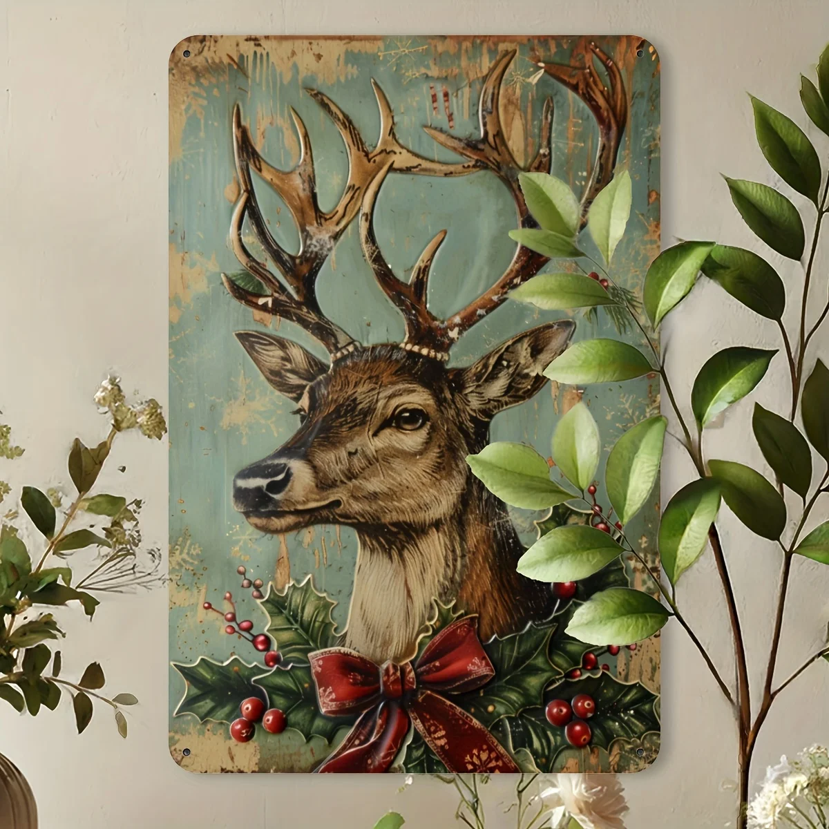 Decoración de Pared Metálica 2D Flat Ciervo Navideño Vintage, Letrero Relieve Grabado Decorativo para Hogar Restaurante Cafeterí