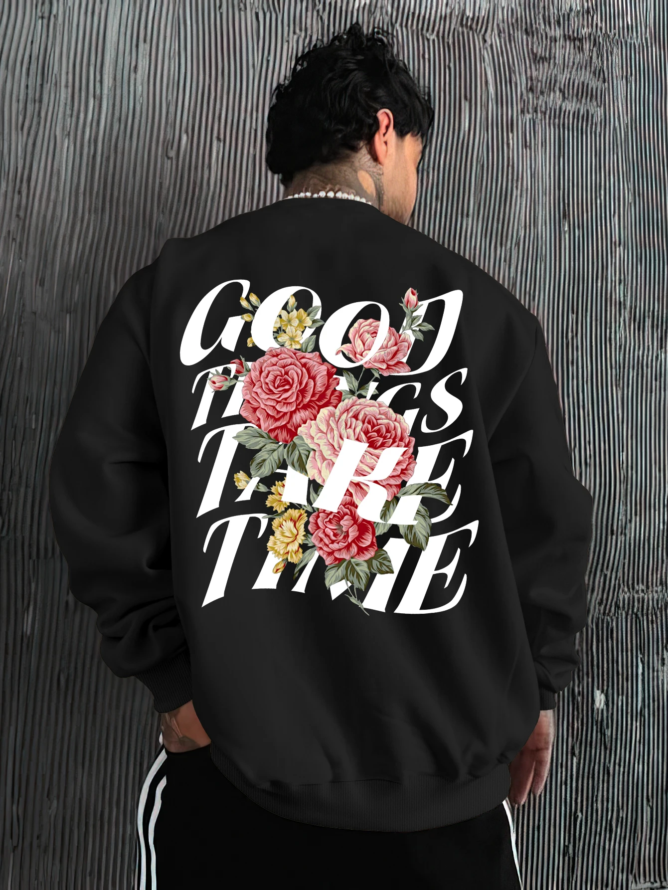 Men's Loose Crew Neck Sweatshirt Rose Floral Good Things Take Time Back Print Pullover Polyester Long Sleeve S‑2XL 1Pc