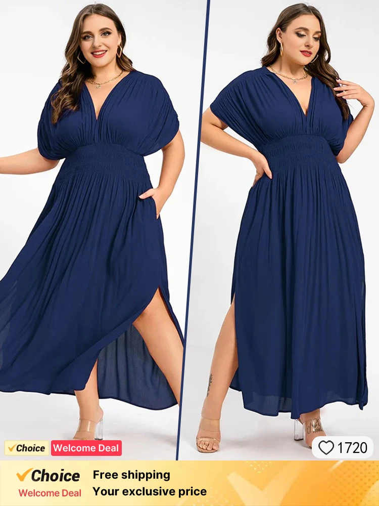 

2025 Summer Blue Chiffon Women's Dress Solid Color Leisure Holiday Dress Fashion Wrinkled Batwing Sleeve Women's Long Dress