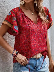 2024 Camicette con stampa floreale estiva per le donne Moda scollo a V manica corta Boho Beach Casual Top Camicia elegante femminile Nuove donne