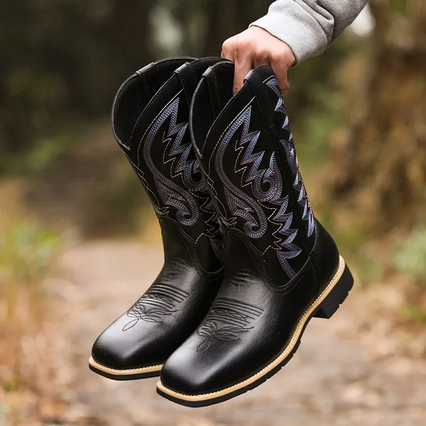 Men's Mid-calf Boots Fashion Handmade Leather Boots for Men Retro Western Cowboy Boots Designer Motorcycle Boot Big Size Botas view 2