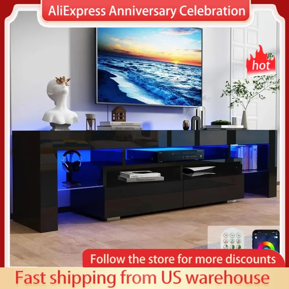 70in TV Stand 65/70 inch TV,Modern LED TV Stand Living Room,Black Stand,High Gloss Entertainment Center Storage Drawer