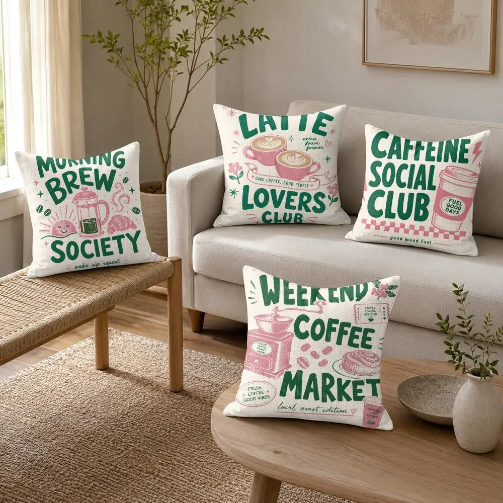 Afternoon tea coffee Cushion Cover Organic Linen Throw Pillow Cover - Double-Sided Print Breathable Cushion Case Home Decor