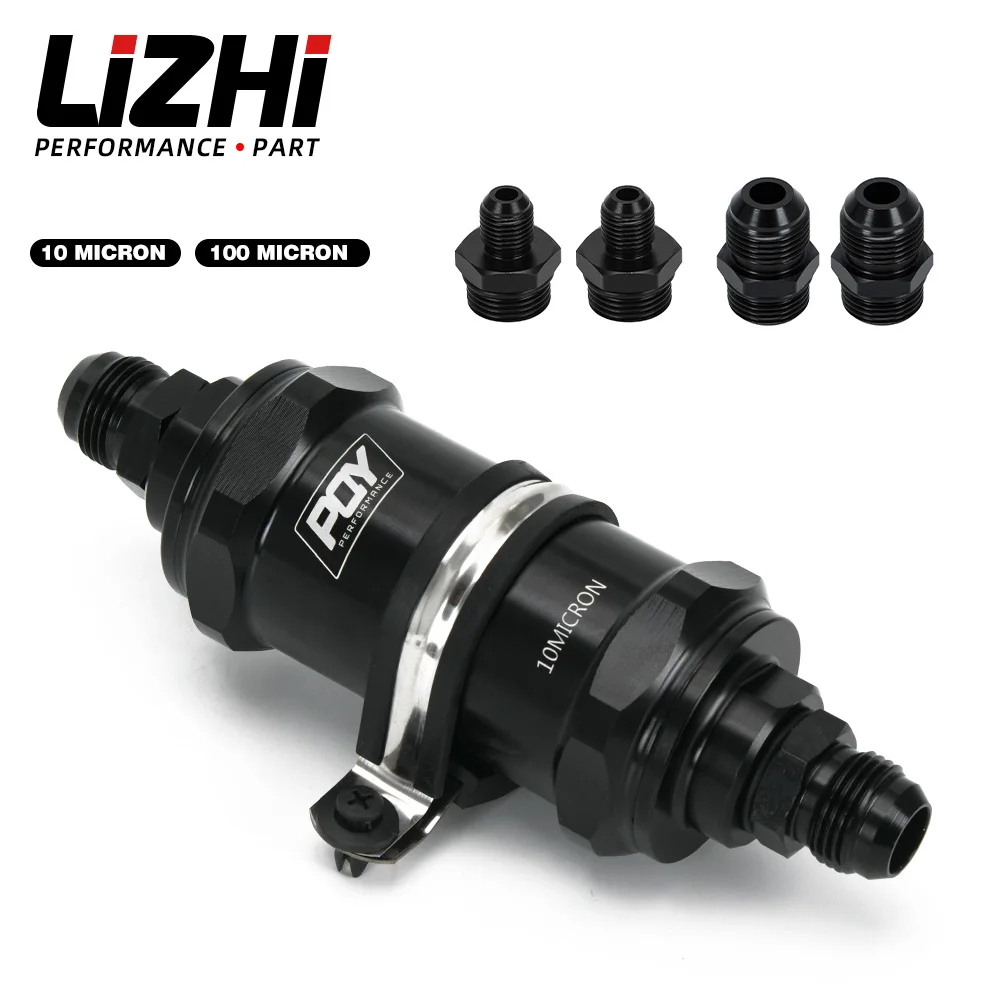 Black Anodized AN6 AN8 AN10 High-Flow Inline Fuel Filter with 10 Micron 100 Micron Stainless Steel Element