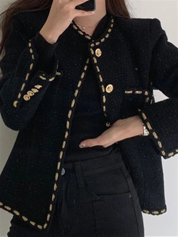 

2022 Winter Outwear Cropped Outwear Blend Fall Solid Coat Women Jacket Luxury Cotton Elegant Beading Tweed Woolen Clothes Korean