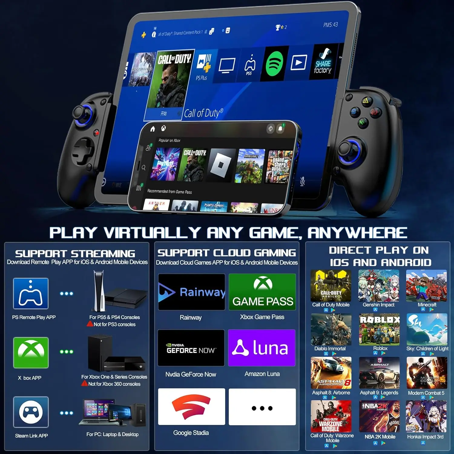 Stretching Raffreddamento Controller di gioco D10S Per SWITCH/Android/Apple IOS Tablet/PS3/PS4 ForXBOX Gamepad Streaming