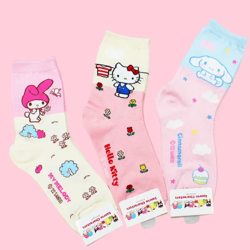 Sanrios My Melody Cinnamoroll Kuromi Keroppi Anime Cartoon Cute Women Spring Autumn Combed Cotton Socks Girl Student Stockings