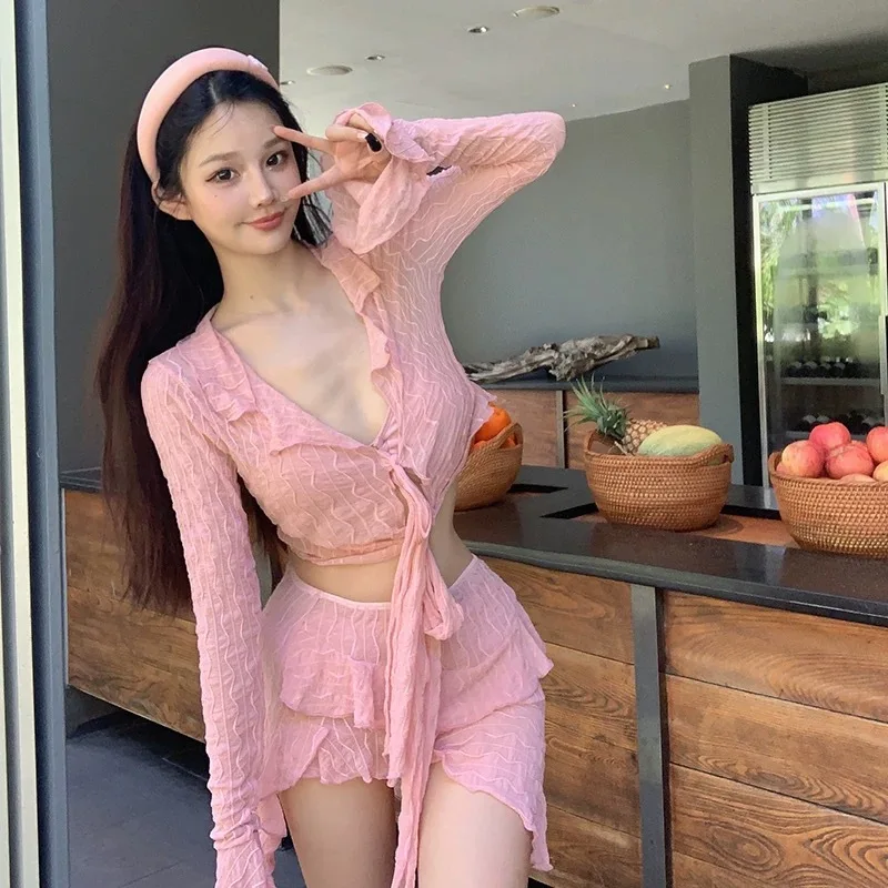 Women Four Piece Pure Desire Split Bikini Tummy Control Slim Sexy Plaid Long Sleeve Cover Up Shorts Beach Vacation Swimwear