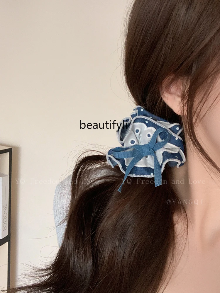 Deep Denim Blue Bowknot Large Intestine Hair Band High Elastic Back Head  Plate Hair Rope  Hair Accessories