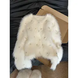Pure White Temperament Sweaters Nail Bead Soft Glutinous Cardigan Women's Vintage Autumn and Winter New Mink Fur All-match Tops
