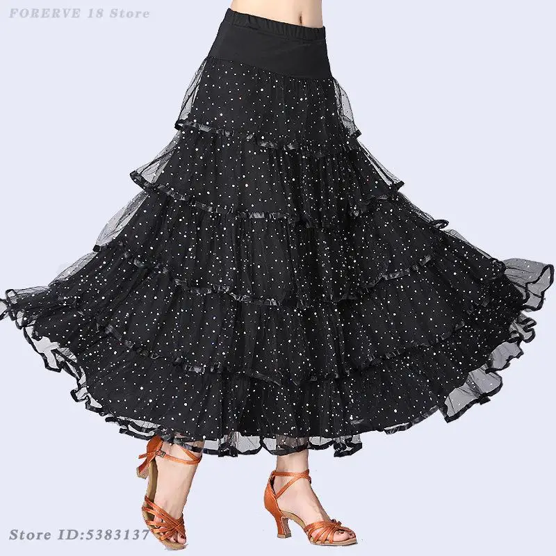Traje de baile estándar nacional, faldas largas de baile moderno de salón de baile con lentejuelas de malla, falda oscilante grande cuadrada para Flamenco, Jazz, Tango y Salsa