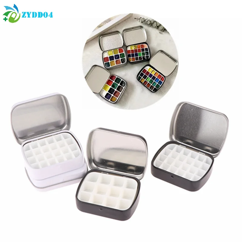 ●Portable Empty Watercolor Tin Box 12/24 Grids Mini Watercolor Paint Palette Travel Painting Paint Tray Art Supplies