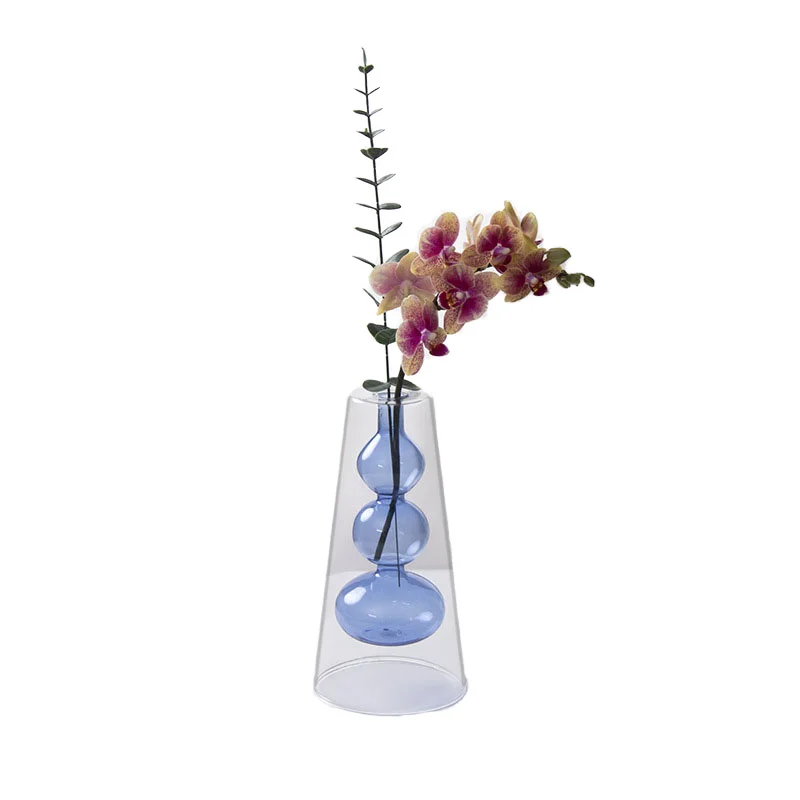 2pcs Colorful Double-Layer Gourd Shaped Blue Glass Vase Modern for Wedding Simple Mini Large Terrarium Flower Vases