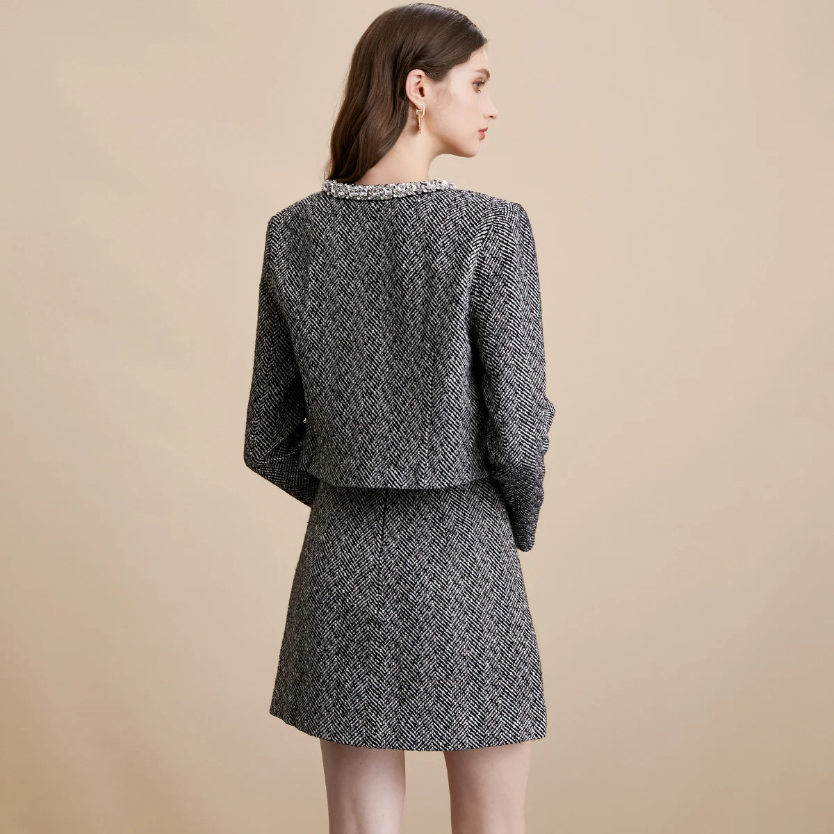 Zjyt elegante luxo diamantes tweed jaqueta e mini saia terno outono inverno das mulheres duas peças outfit 2025 novos conjuntos de vestido de festa