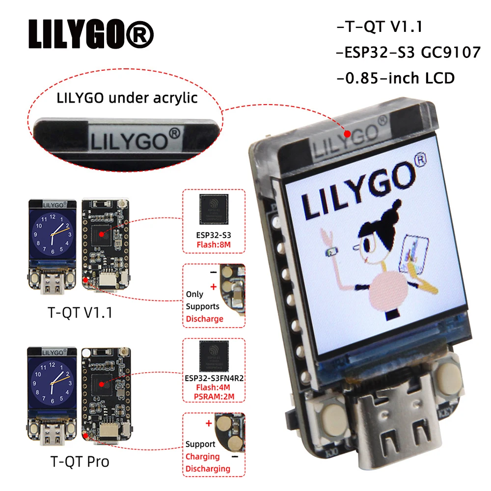 LILYGO T-QT Pro ESP32-S3 GC9107 0.85 Inch LCD Display Module Development Board WiFi Bluetooth 128x128 Full Color Screen IoT DIY