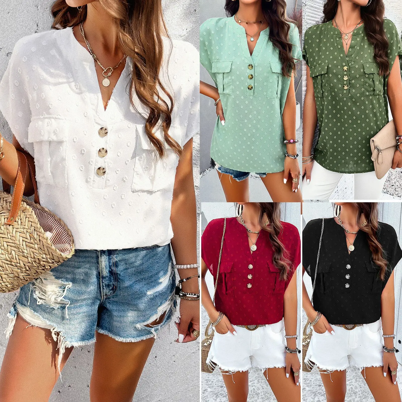 Women's Summer Blouse Solid Color Jacquard Lady's Short Sleeve Tops V-neck Button Female T-shirt Casual Pocket Women's Tees