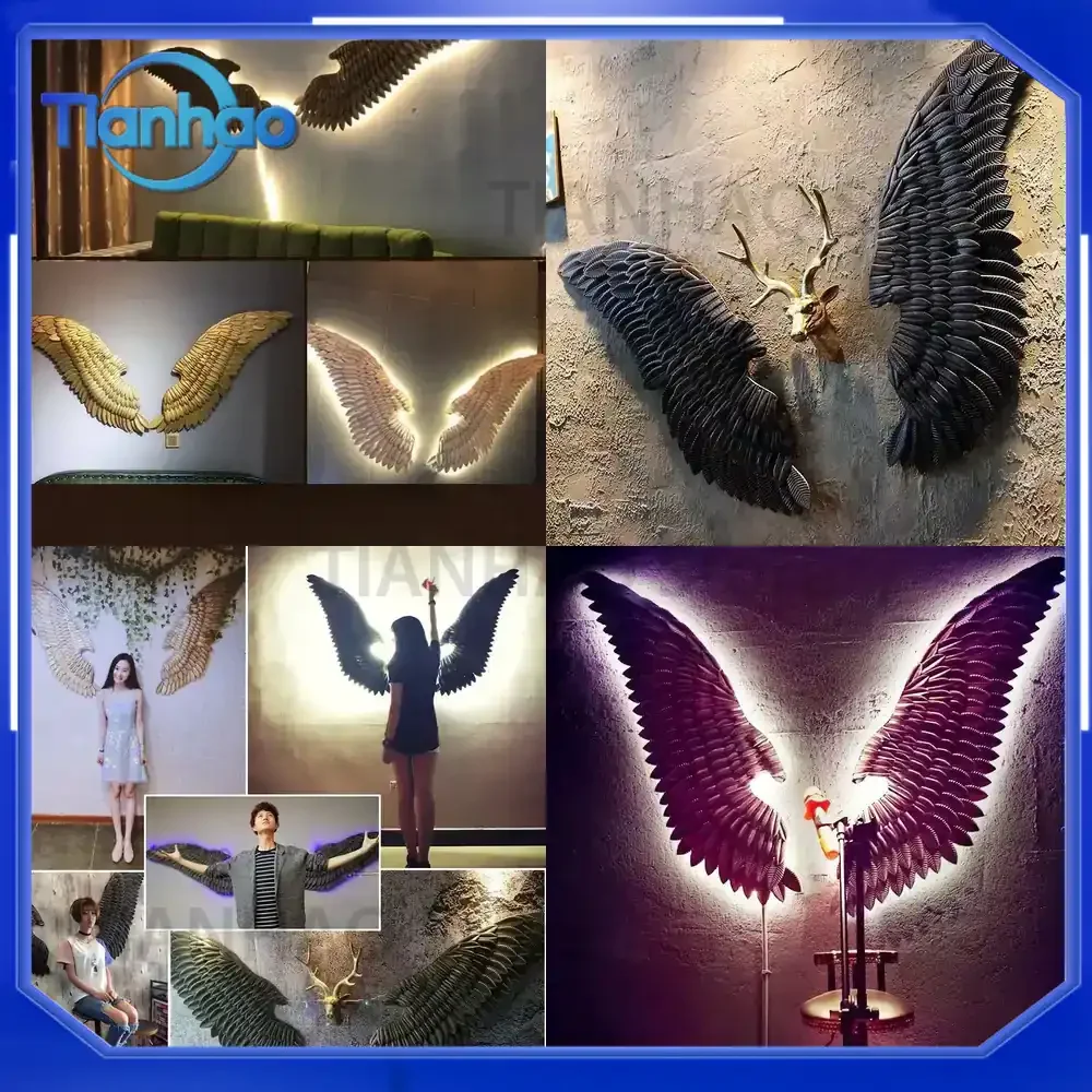 Large Metal Angel Wings with LED Lights for Vintage Ancient Iron Retro Wall Decoration Bar Cafe Home Decor Accessories