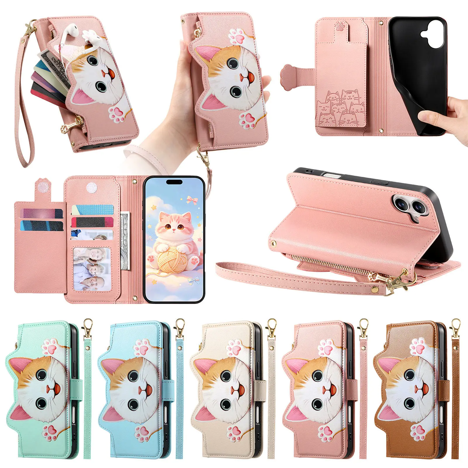 Funda tipo billetera de cuero con diseño de gato para Sharp Aquos wish4 wish5 sense4 sense6 sense7 Plus sense8 sense9 sense10