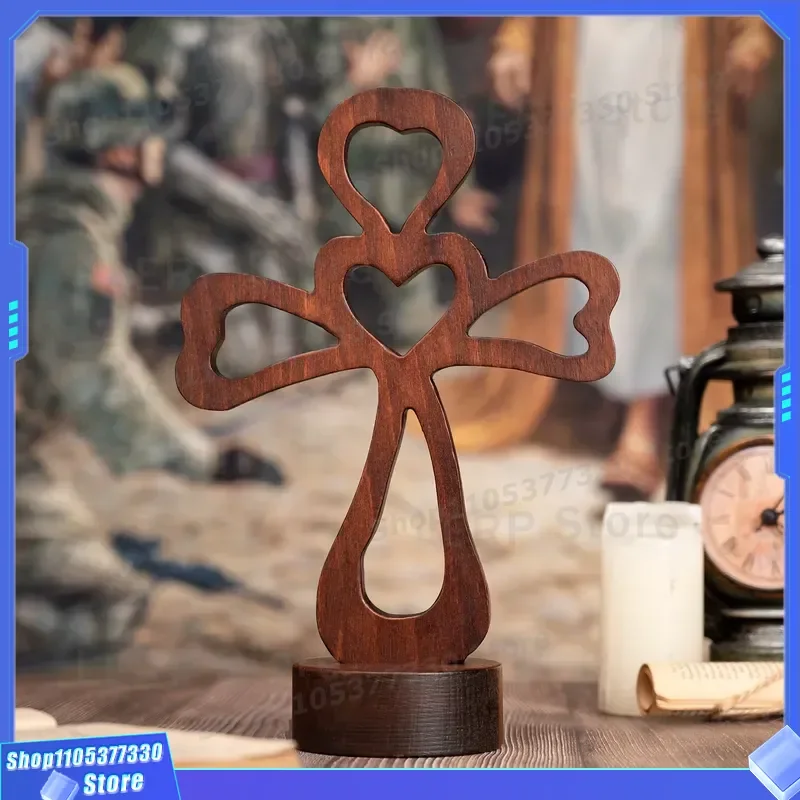 Hand Carved Wooden Heart Cross Tabletop Ornament Christian Religious Home Decor Gift for Office Desk Spiritual Keepsake