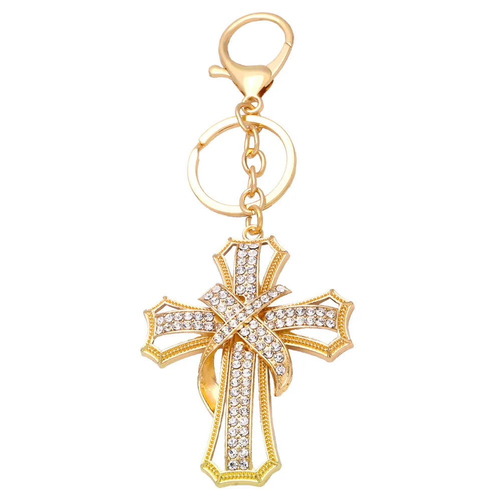 Catholic Cross Keychain for Women/Men Rhinestone Alloy Gold/Silver Color Religious Christ Keyring Bag Charm Jewelry