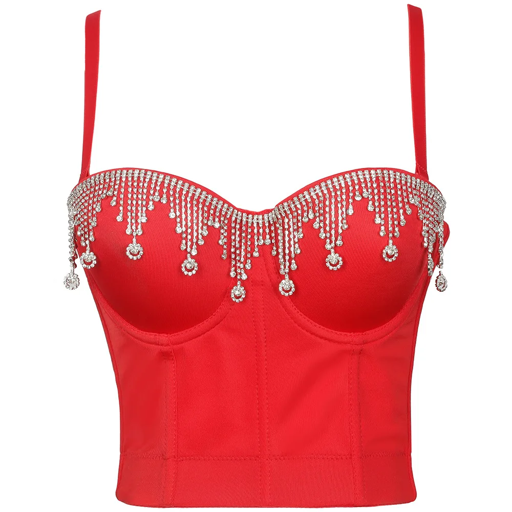 French Fashion Camisole Diamonds Tassel Summer Women Sexy Backless Cropped Top Push Up Bustier Bra Tank Tops Stage Costume Y3205