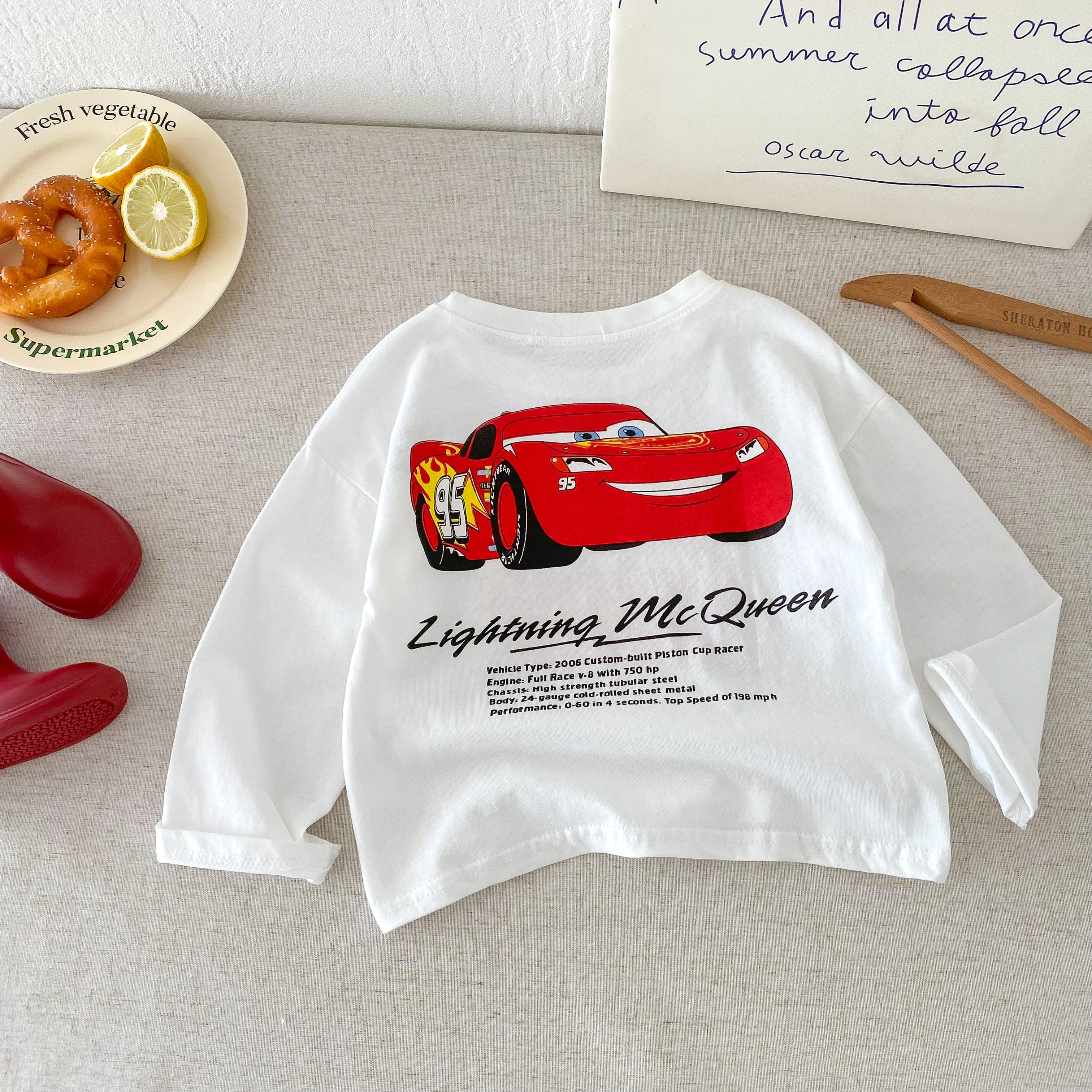 موضة جديدة الكرتون سيارة بنين تي شيرتات بأكمام طويلة بلايز Crewneck مطبوعة فضفاضة عادية الاطفال قاعدة قمصان ملابس الأطفال بلوزة