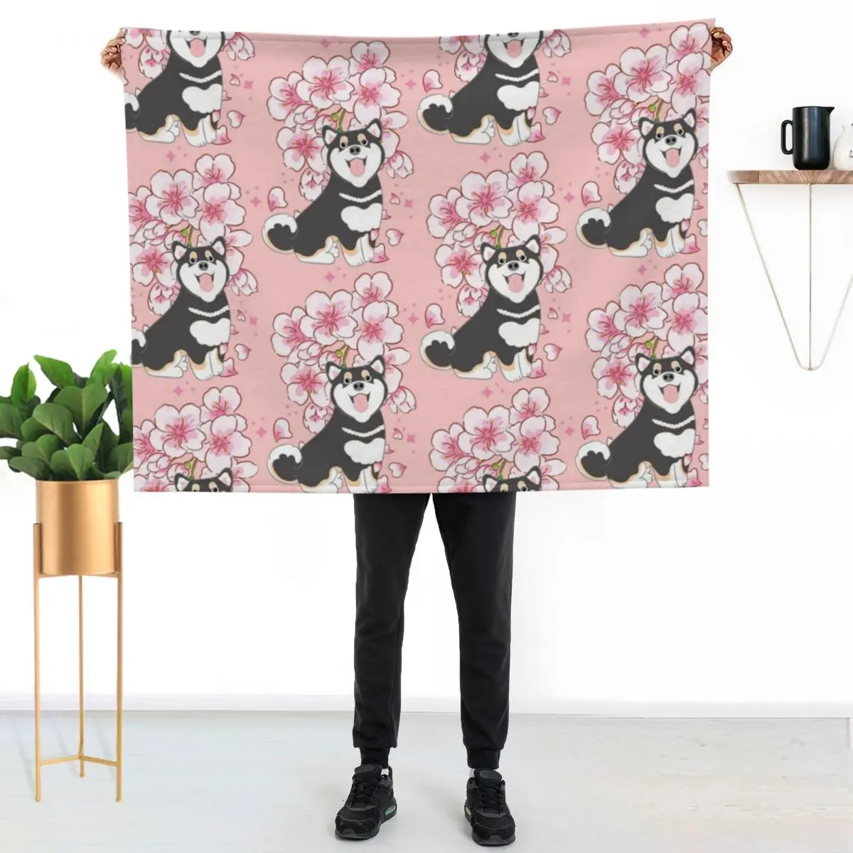 Black Tan Shiba Inu Cherry blossom Throw Blanket Summer Beddings Nap Flannels Luxury Designer Thins bed plaid Blankets
