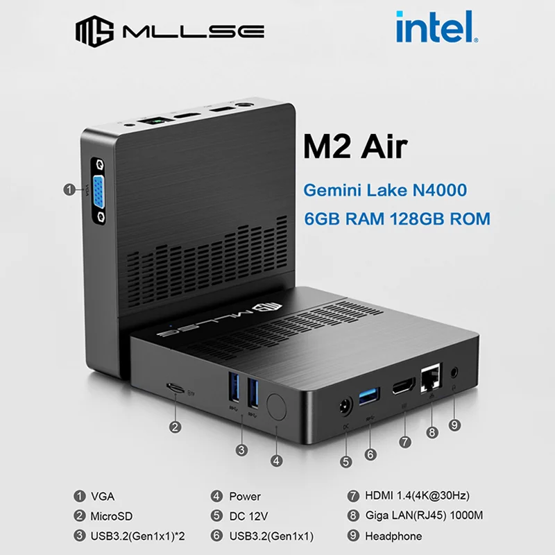 MLLSE M2 Air Mini PC Intel Celeron N4000 CPU Window11 6GB RAM 128GB ROM Dual-Band WiFi VGA Portable Mini Computer BT4.2