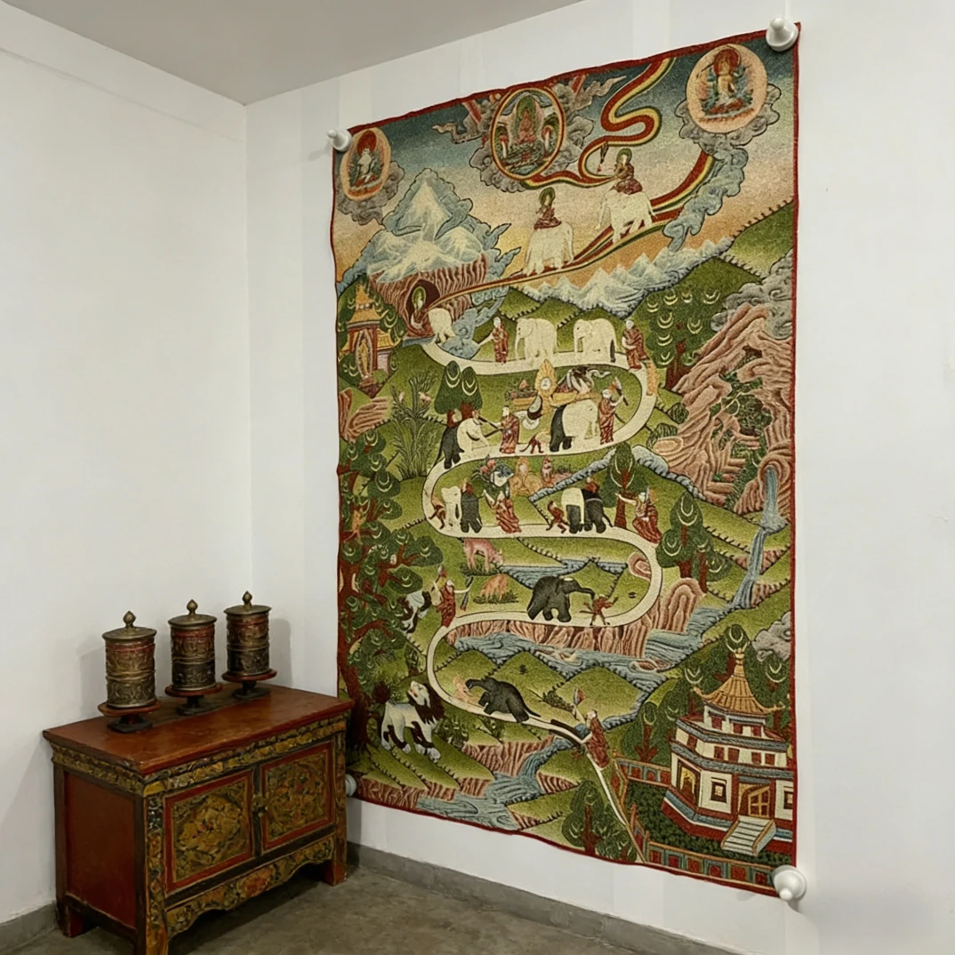 35"Thangka Embroidery Tibetan Buddhism silk Embroidery Buddha statue and mount elephant lion Thangka hanging screen Town house