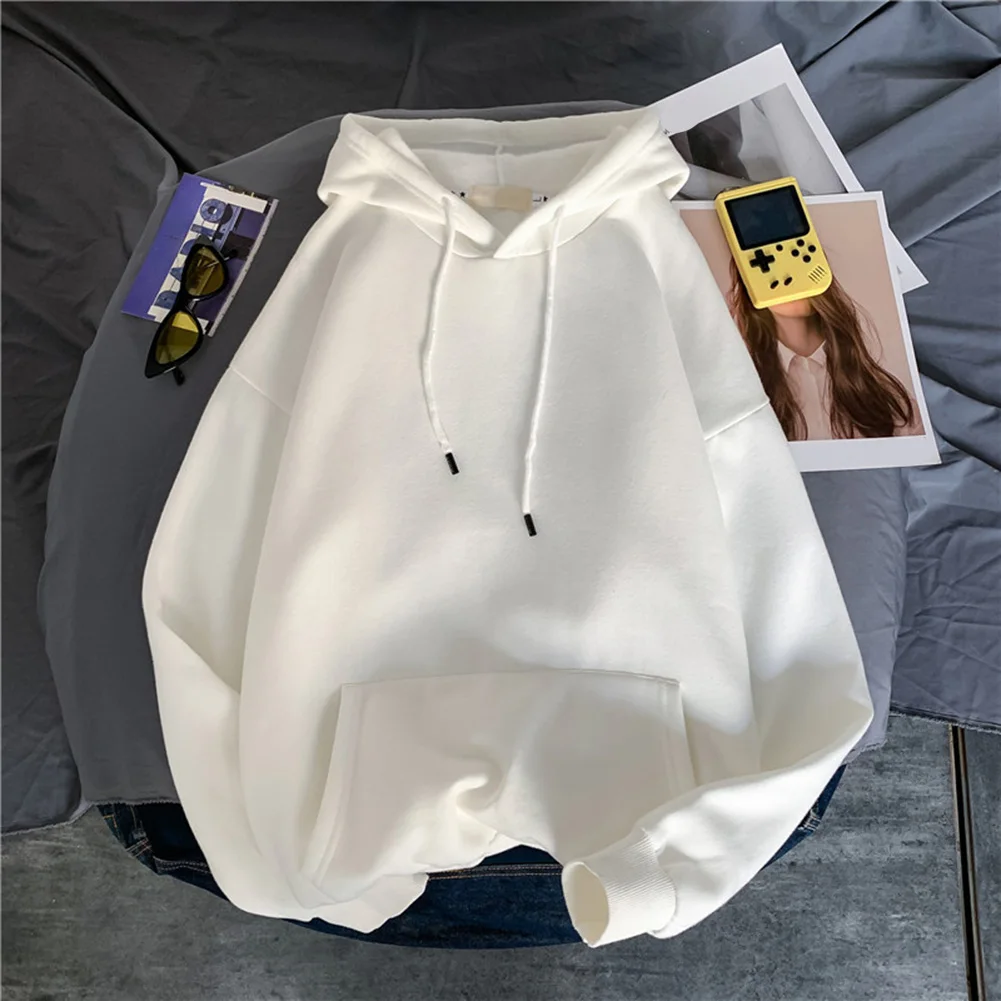 

Мужской теплый флисовый пуловер с капюшоном, повседневные однотонные свободные топы с длинными рукавами, подходящие для повседневного использования