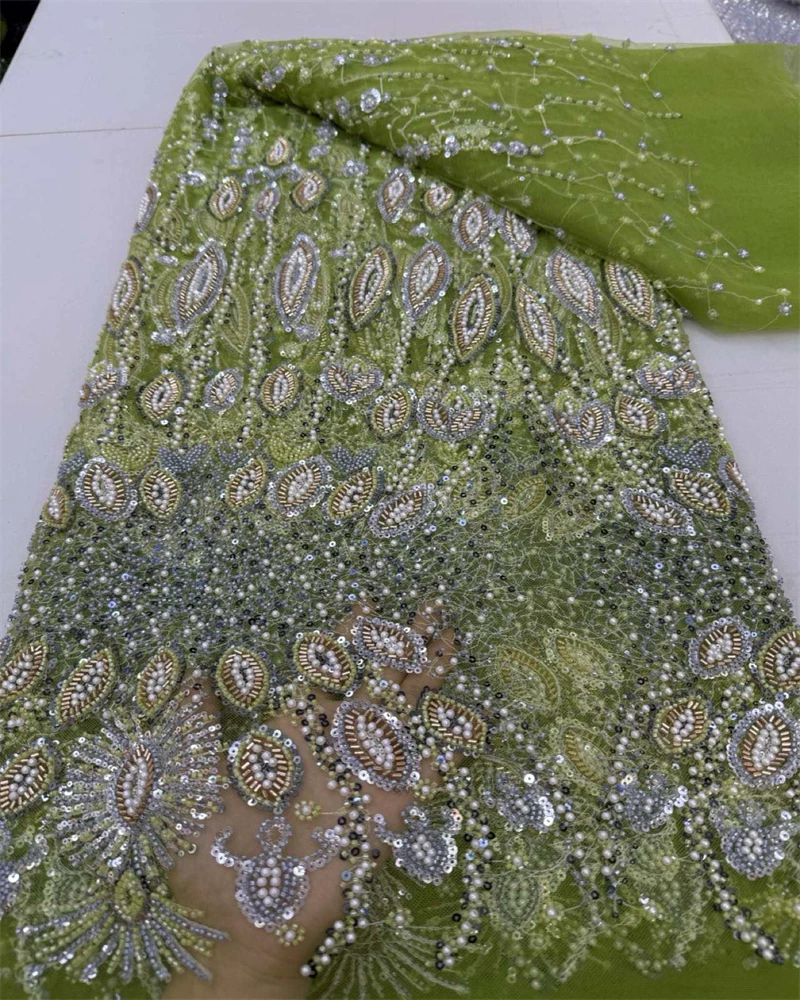 African Sequins Pearls Lace Fabric 2025 High Quality French Heavy Beaded Tulle Lace Fabric Nigeria For Bridal Party Dress