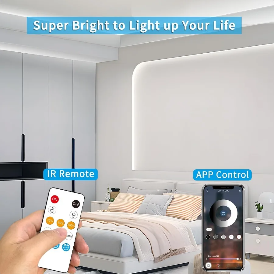 Bande lumineuse LED COB 50ft6000K DC 24V, variable, blanche, Flexible, pour chambre à coucher, avec télécommande et contrôle par application
