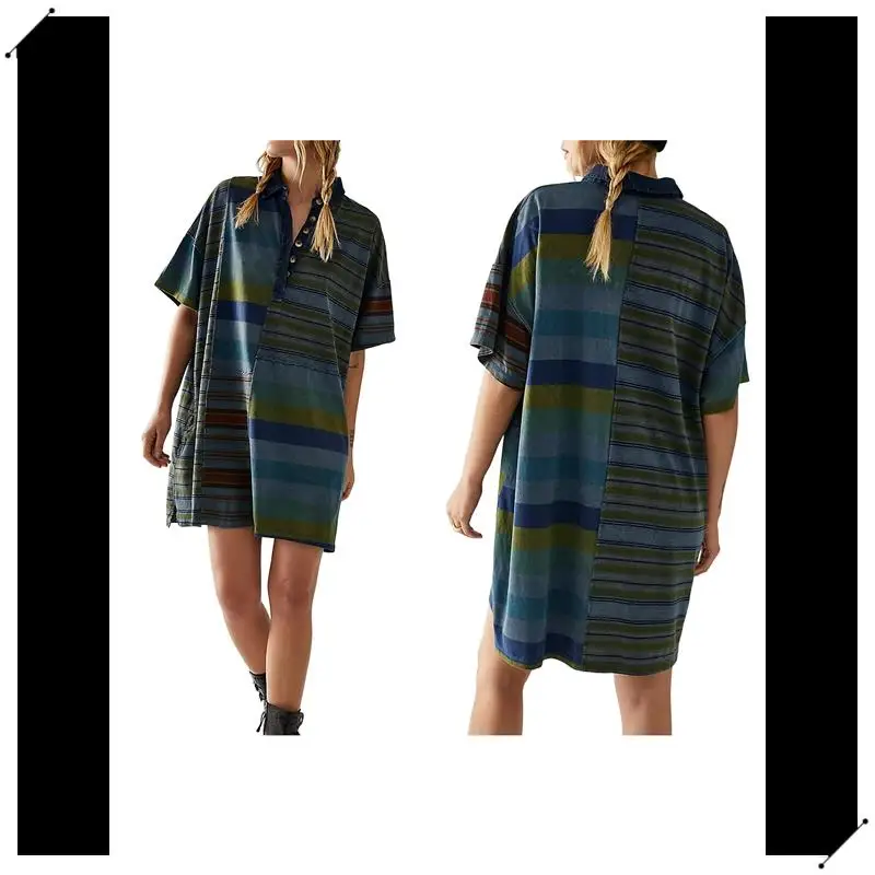 Women Contrast Striped Babydoll Y2k Summer Patchwork T- Shirt Dress Vintage V Neck Short Sleeve Dress